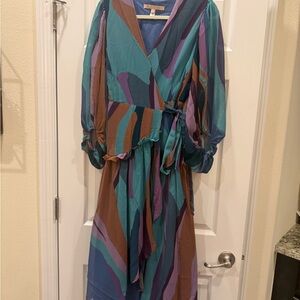 Anthropologie Hutch Teal, Purple & Brown Abstract High-Low Wrap Dress